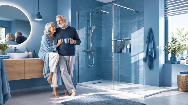 Couple de seniors devant leur douche de plain-pied sécurisée