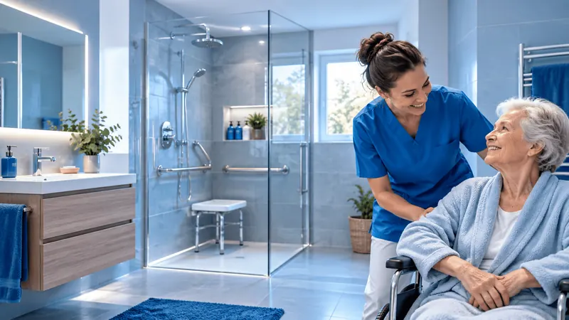 Aidante accompagnant une senior en fauteuil devant une douche PMR