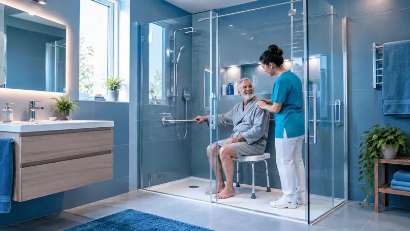 Senior assis dans sa douche sécurisée avec barre d’appui